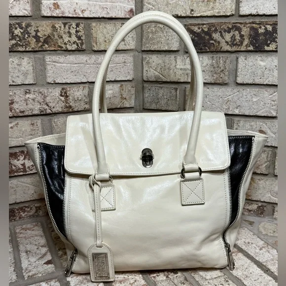 Badgley Mischka Ivory and Black Leather Tote Bag Silver Hardware Satchel - Picture 2 of 13